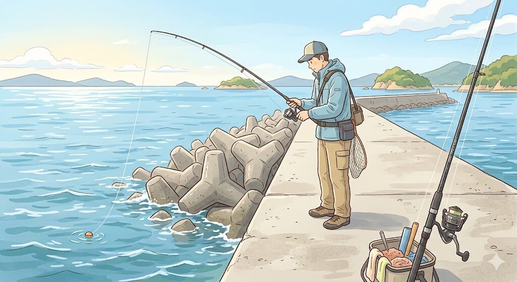 瀬戸内の防波堤でフカセ釣りをする人物のイラスト