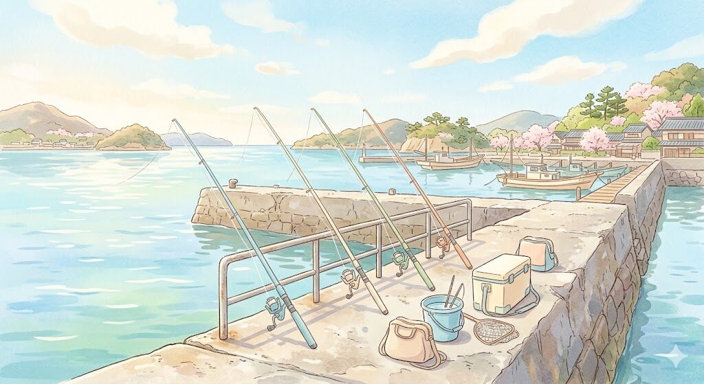 瀬戸内の春の堤防釣り場 イラスト