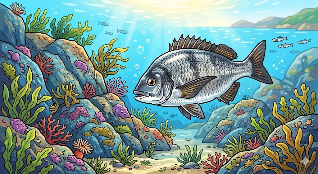 春の瀬戸内海を泳ぐチヌ（クロダイ）のイラスト