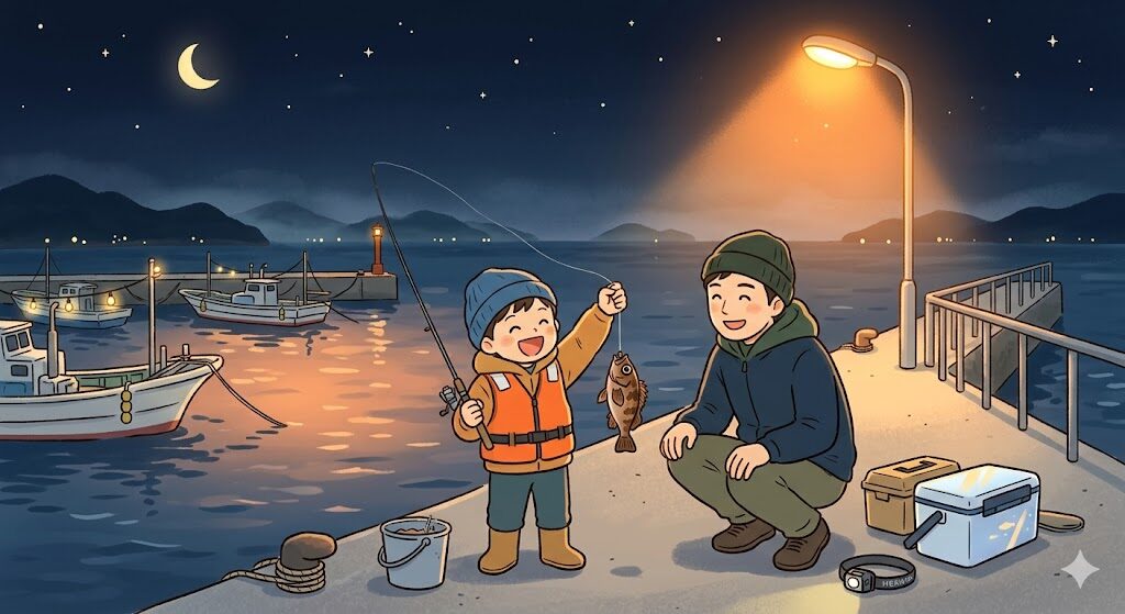 春の瀬戸内海の漁港で夜釣りをしている親子