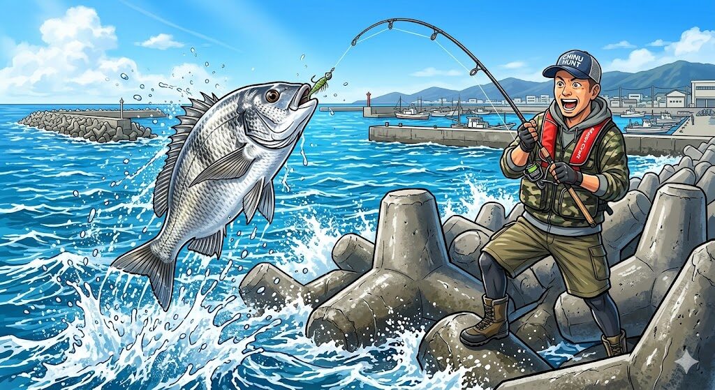 春の瀬戸内海の風景とテトラポッド周りのメバル