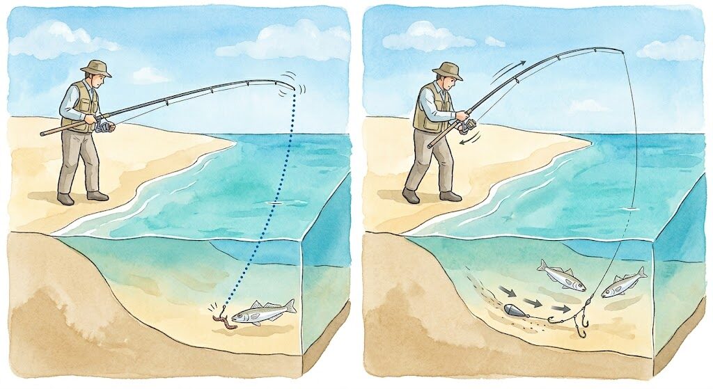 投げ釣りのアタリとサビきの動作図解