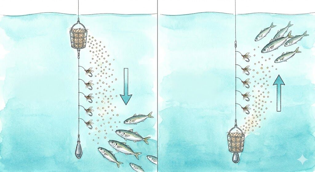 サビキ釣り上カゴ式と下カゴ式の比較図解