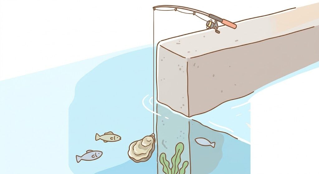 かぶせ釣りの仕掛けイラスト：堤防際にカキのエサを落とし込む様子