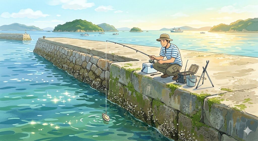 瀬戸内の堤防でかぶせ釣りをしている様子