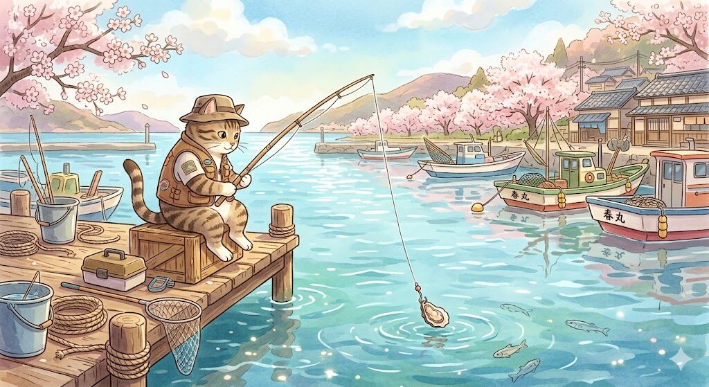 春の瀬戸内でかぶせ釣りをするミケ丸