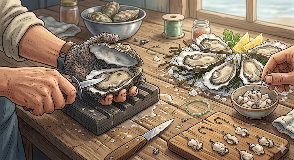 かぶせ釣りのエサ準備 - カキ（牡蠣）の割り方と仕掛け