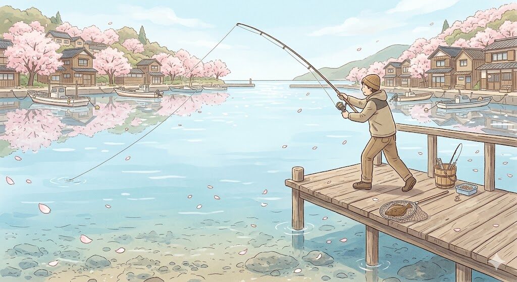 春の堤防で家族が釣りを楽しむイラスト
