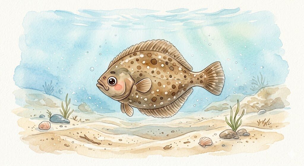 カレイのかわいいイラスト。砂底を泳ぐカレイ