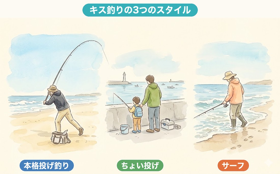 キス釣りの3つのスタイル（本格投げ釣り・ちょい投げ・サーフ）の比較図解