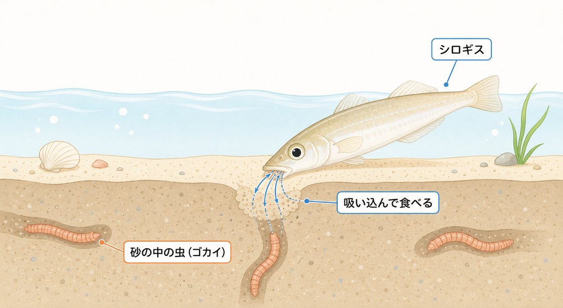 キスが砂の中の虫を吸い込む生態図