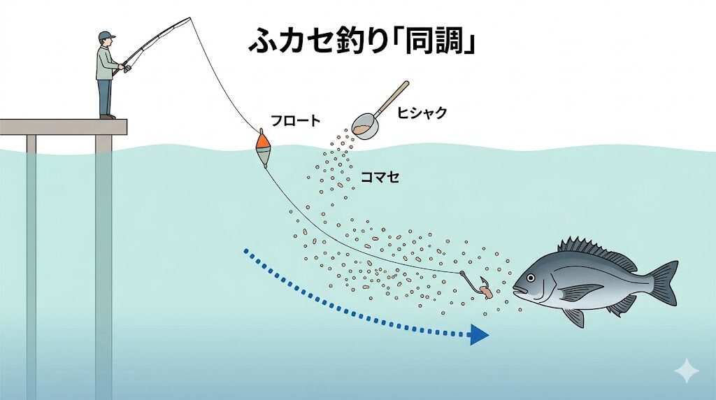 コマセと仕掛けの「同調」イメージ — 同じ層・同じ流れで漂わせる