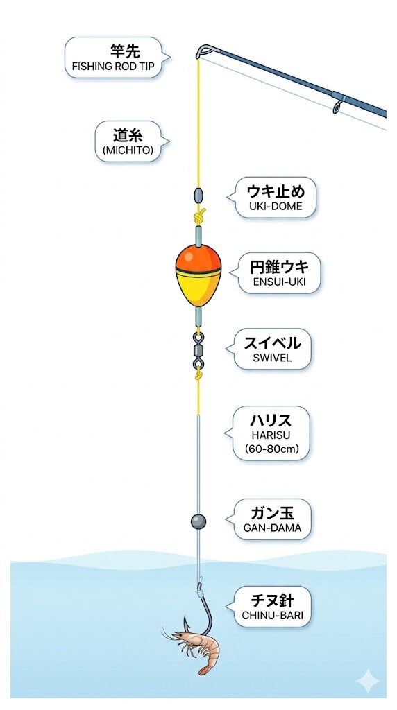 フカセ釣りの仕掛け図 — 道糸・円錐ウキ・ガン玉・ハリス・針の接続