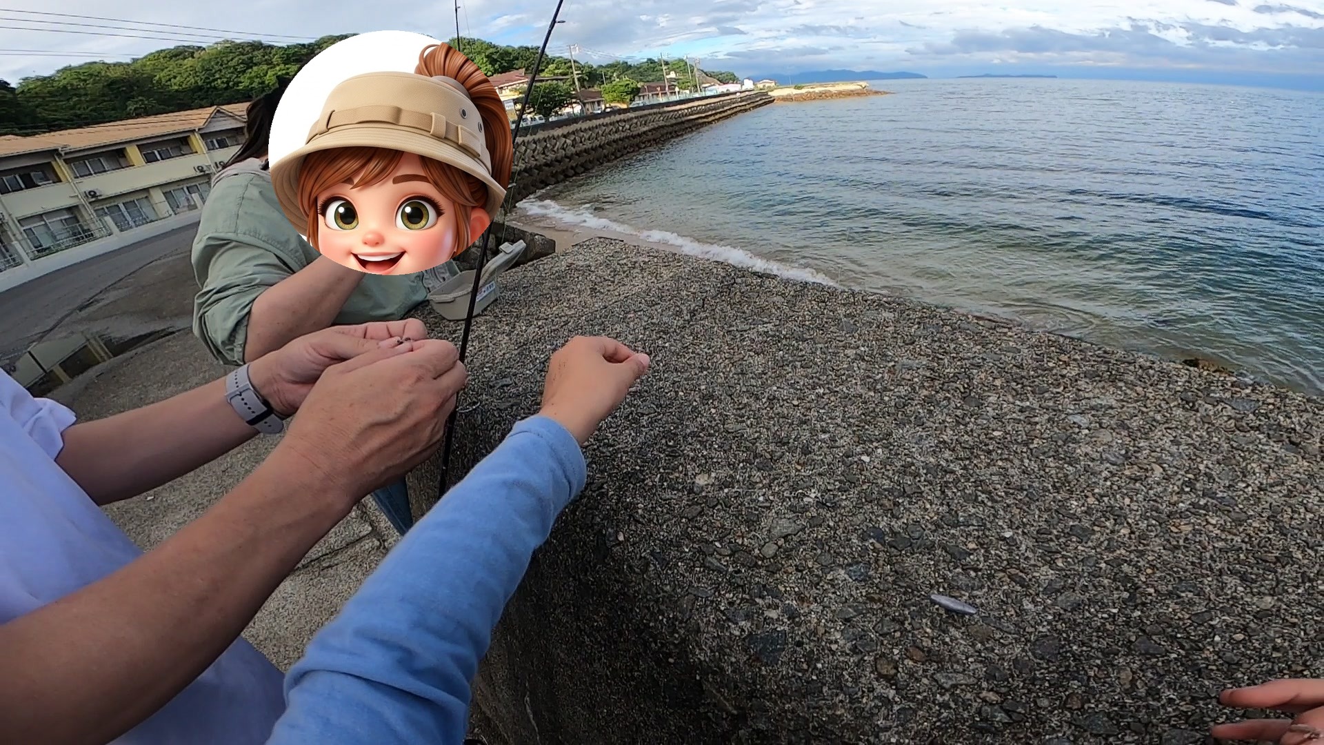 堤防で家族と仕掛けをセット(顔はキャラで保護)
