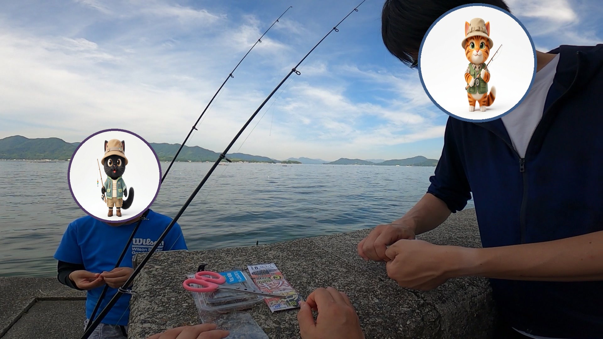 家族で釣りの仕掛けを準備する様子